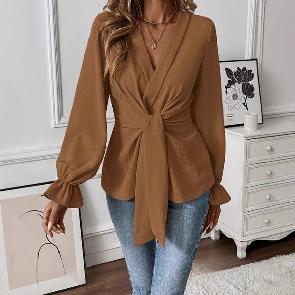 2/$50 Brown Tie-Front Blouse V-Neck Peplum Long Sleeve Top Chic Boho Size M - Picture 4 of 7